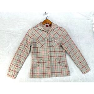 Quilted‎ Plaid Shacket Jacket Womens Medium Pearl Snaps Western Hooded Peach